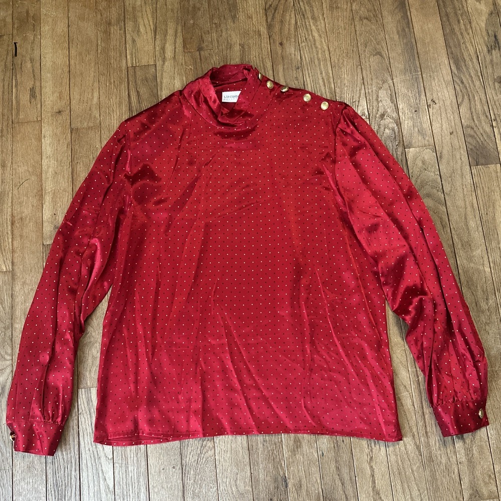 Vtg Liz Claiborne Red Silk Gold Polka Dot Button Mock Neck Long Sleeve‎ Blouse